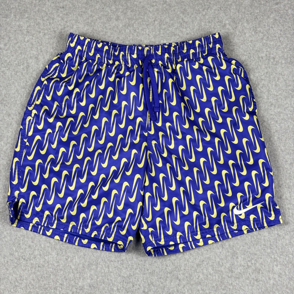 Nike Breaker Swim Trunks Links Swoosh Mens S Purple Yellow AOP Logo Mesh Lined